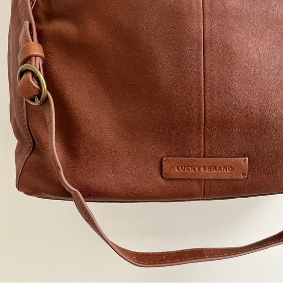 Lucky Brand Vala Brown Leather Braided Woven Strap Slouchy Hobo Shoulder Bag - Picture 3 of 11